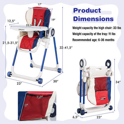 Baby High Chair Foldable Feeding Chair with 4 Lockable Wheels, Red High Chairs at Gallery Canada