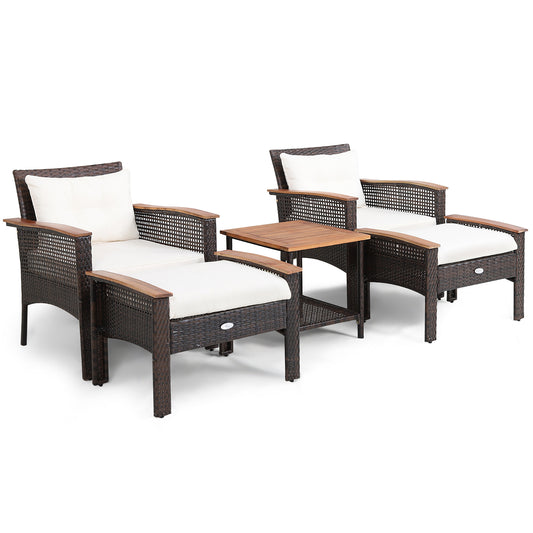 5 Pieces Patio Rattan Furniture Set with Acacia Wood Table, White Patio Conversation Sets White at Gallery Canada