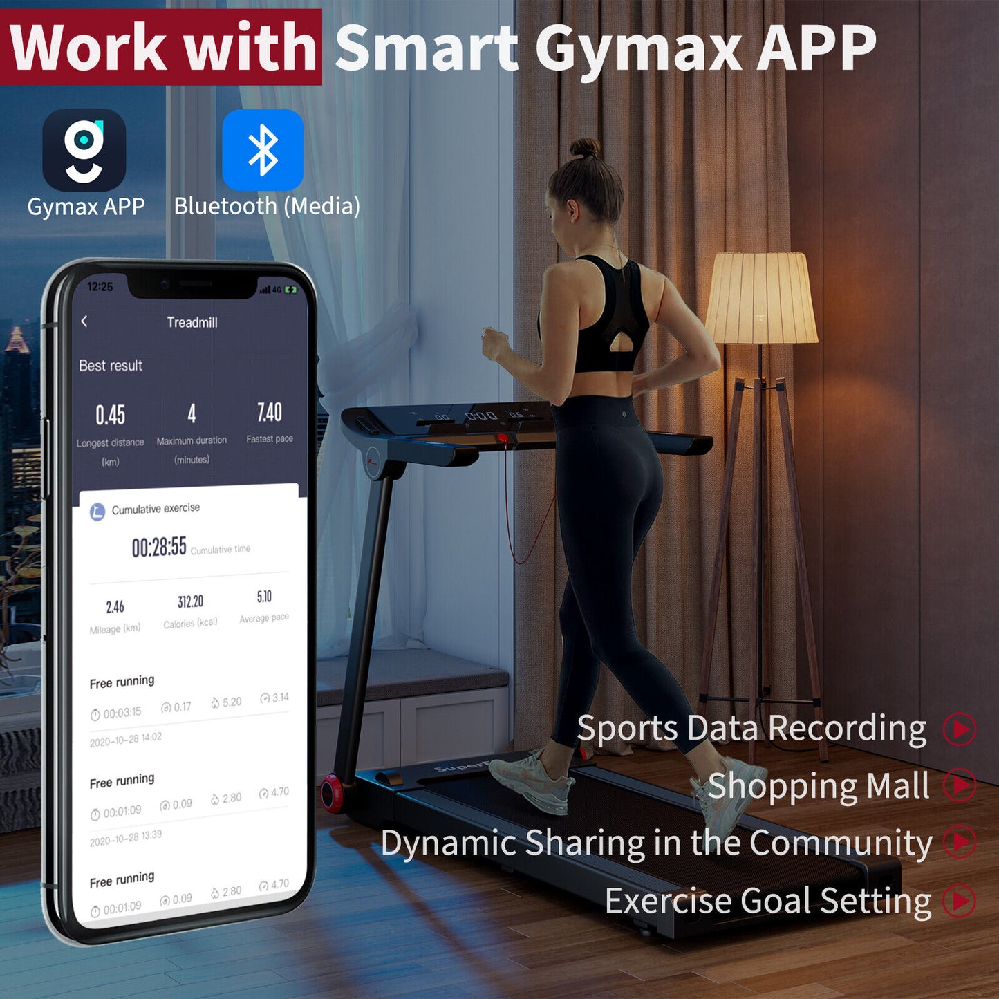 3.75HP Folding Treadmill With App, 12 Programs, Black Treadmills at Gallery Canada