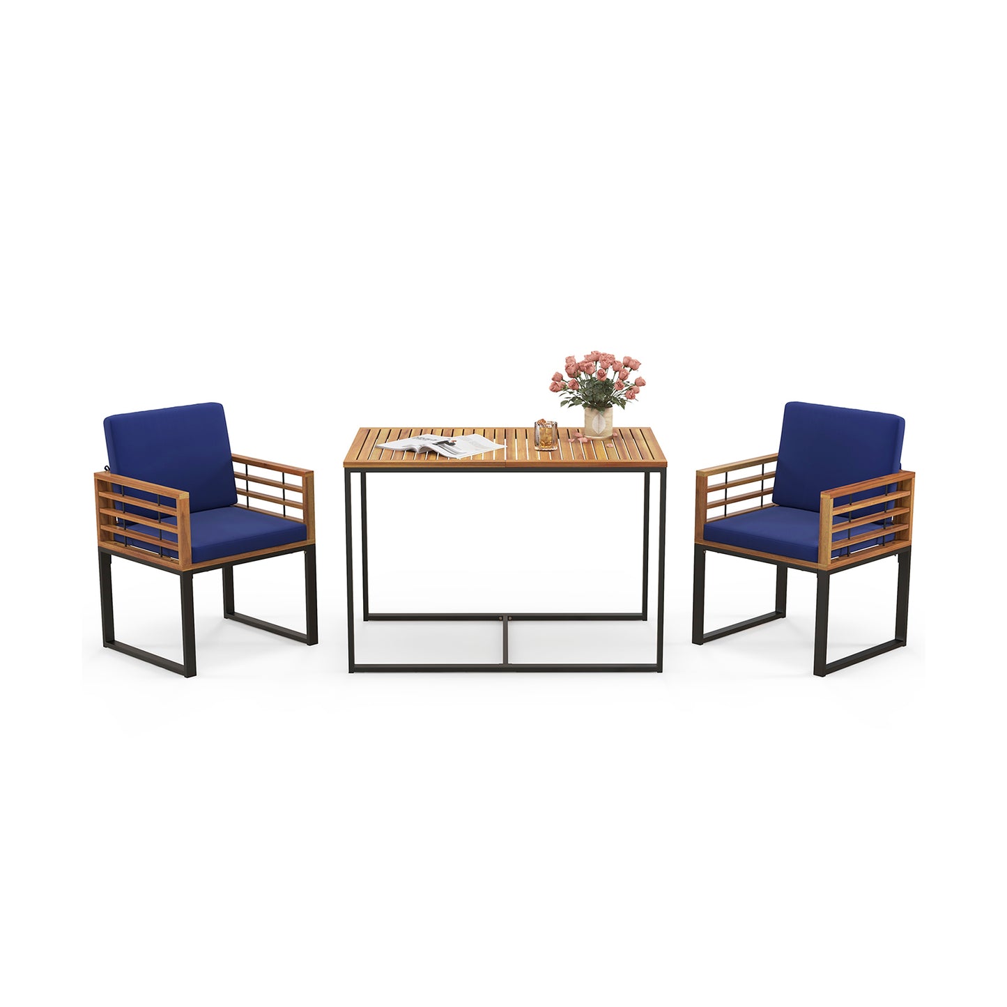 Ensemble de salle à manger extérieur, 2 fauteuils en bois d'acacia, table à manger, marine