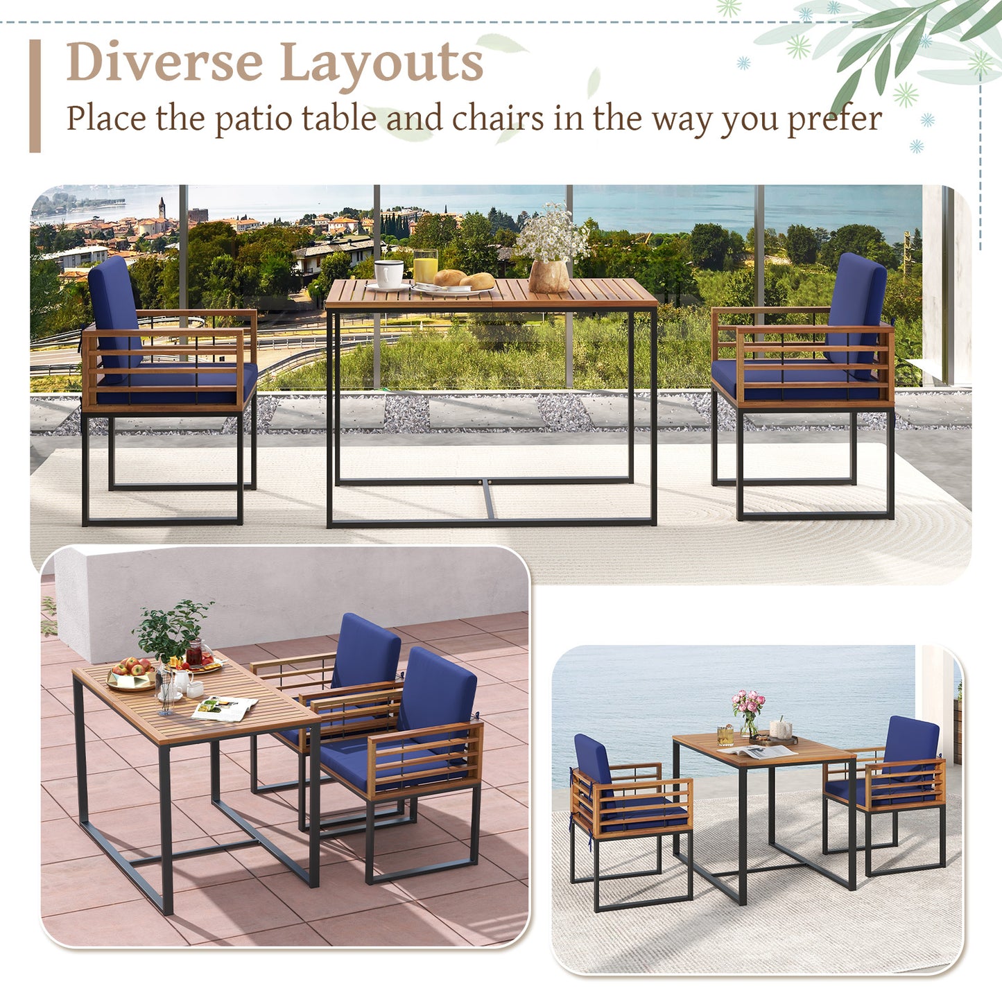 3 Pieces Outdoor Dining Set with 2 Acacia Wood Armchairs and Dining Table, Navy Patio Dining Sets at Gallery Canada