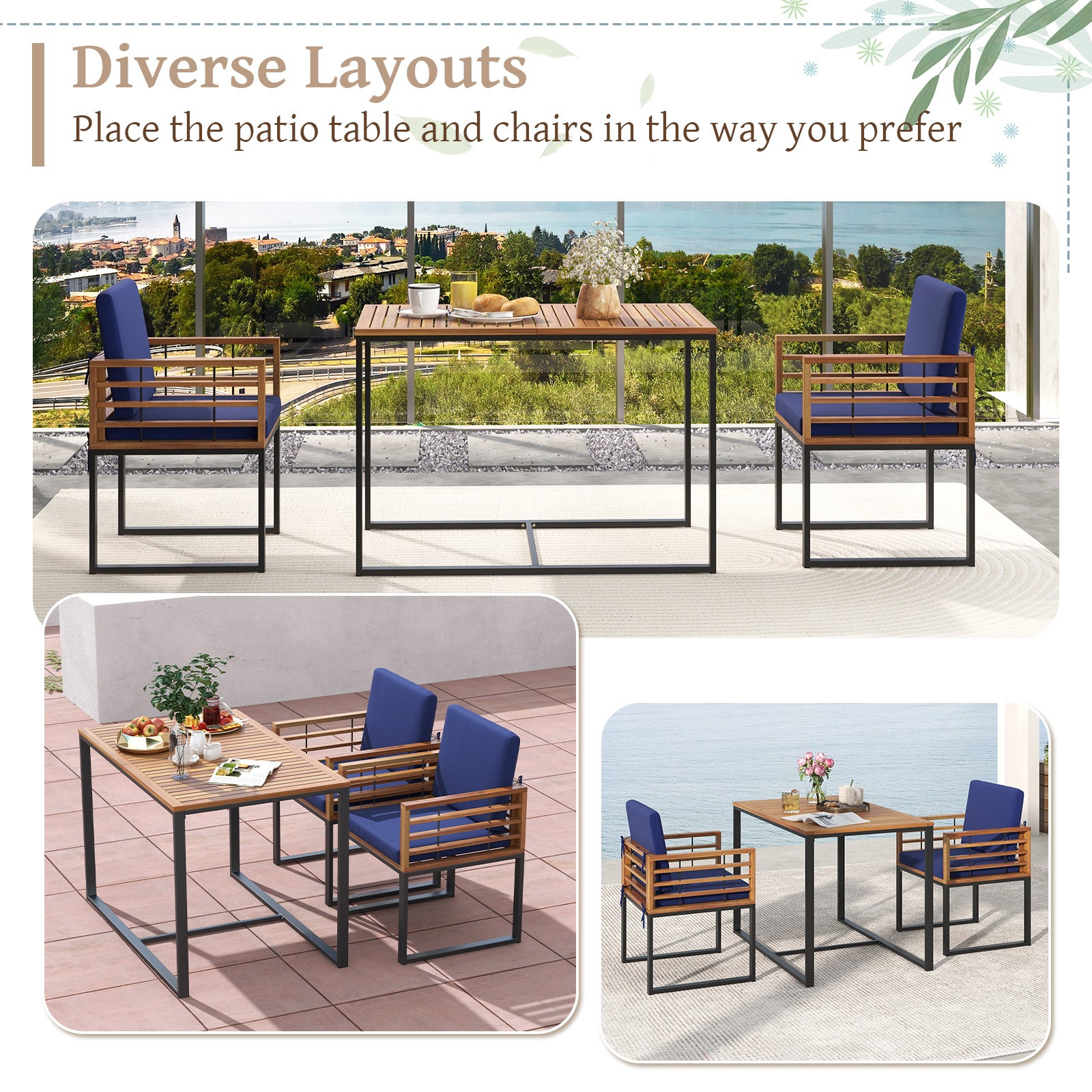 3 Pieces Outdoor Dining Set with 2 Acacia Wood Armchairs and Dining Table, Navy Patio Dining Sets at Gallery Canada