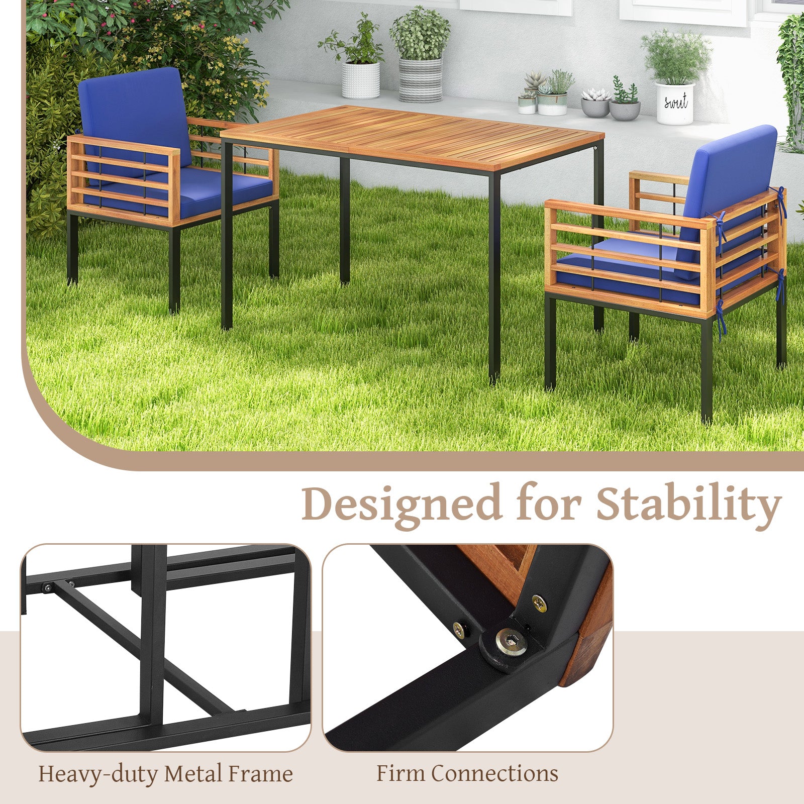 3 Pieces Outdoor Dining Set with 2 Acacia Wood Armchairs and Dining Table, Navy Patio Dining Sets at Gallery Canada