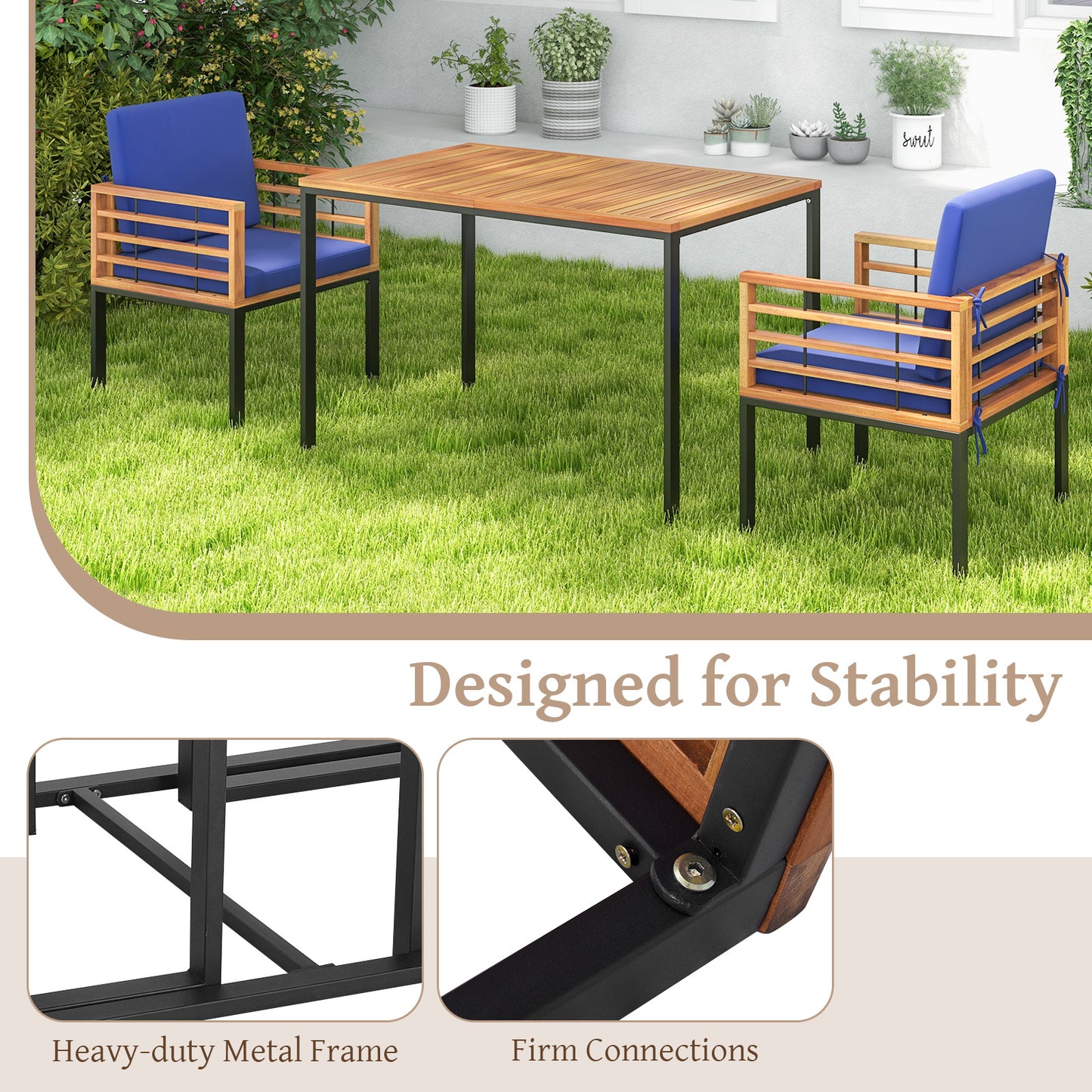 3 Pieces Outdoor Dining Set with 2 Acacia Wood Armchairs and Dining Table, Navy Patio Dining Sets at Gallery Canada