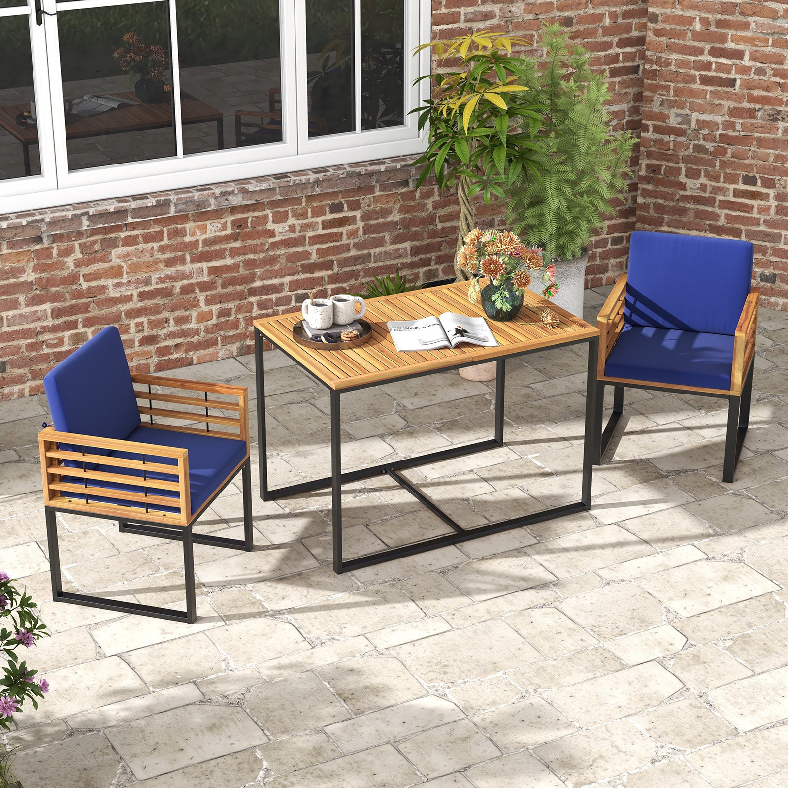 3 Pieces Outdoor Dining Set with 2 Acacia Wood Armchairs and Dining Table, Navy Patio Dining Sets at Gallery Canada