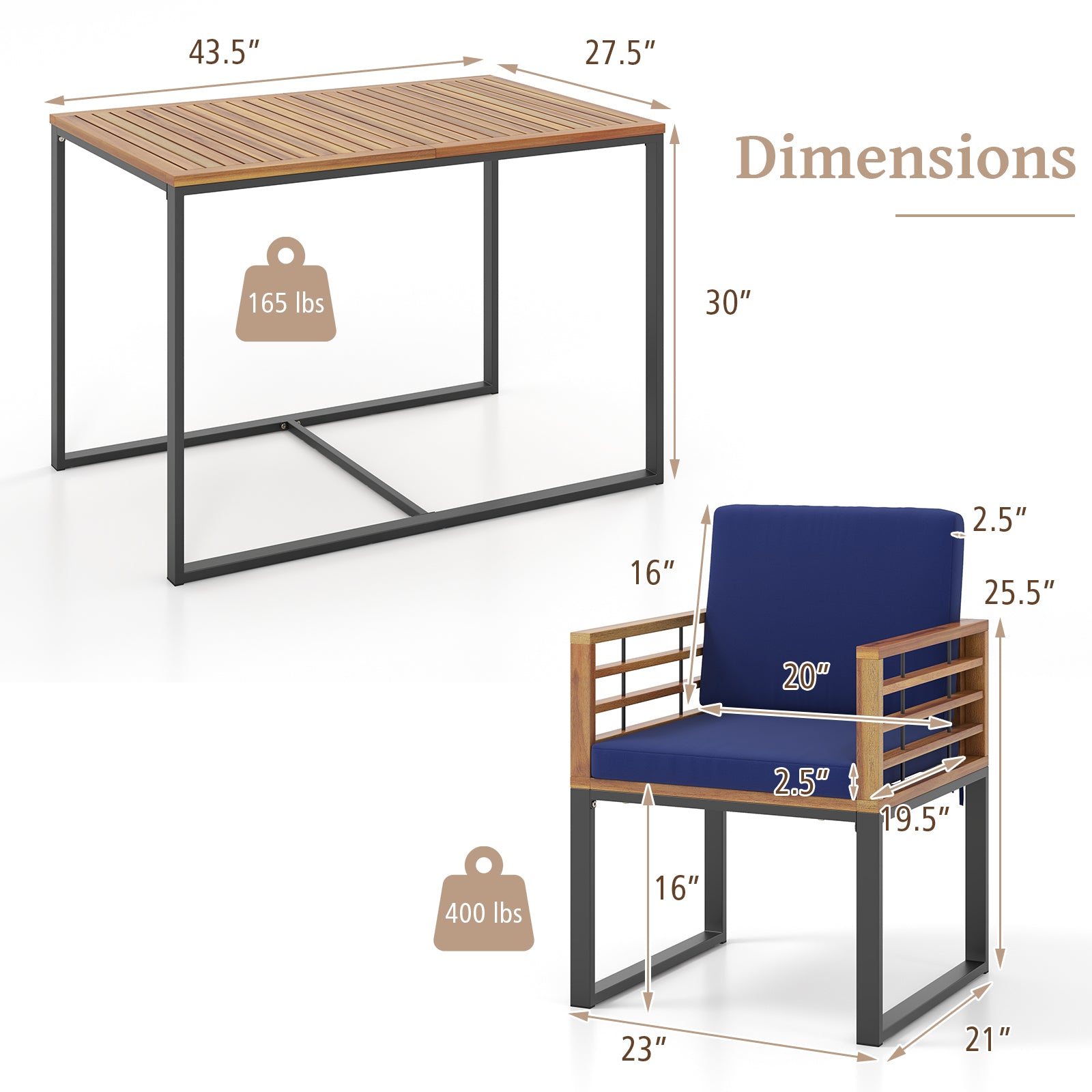 3 Pieces Outdoor Dining Set with 2 Acacia Wood Armchairs and Dining Table, Navy Patio Dining Sets at Gallery Canada