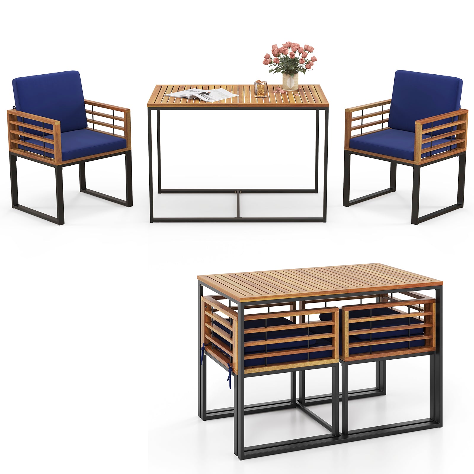 3 Pieces Outdoor Dining Set with 2 Acacia Wood Armchairs and Dining Table, Navy Patio Dining Sets at Gallery Canada