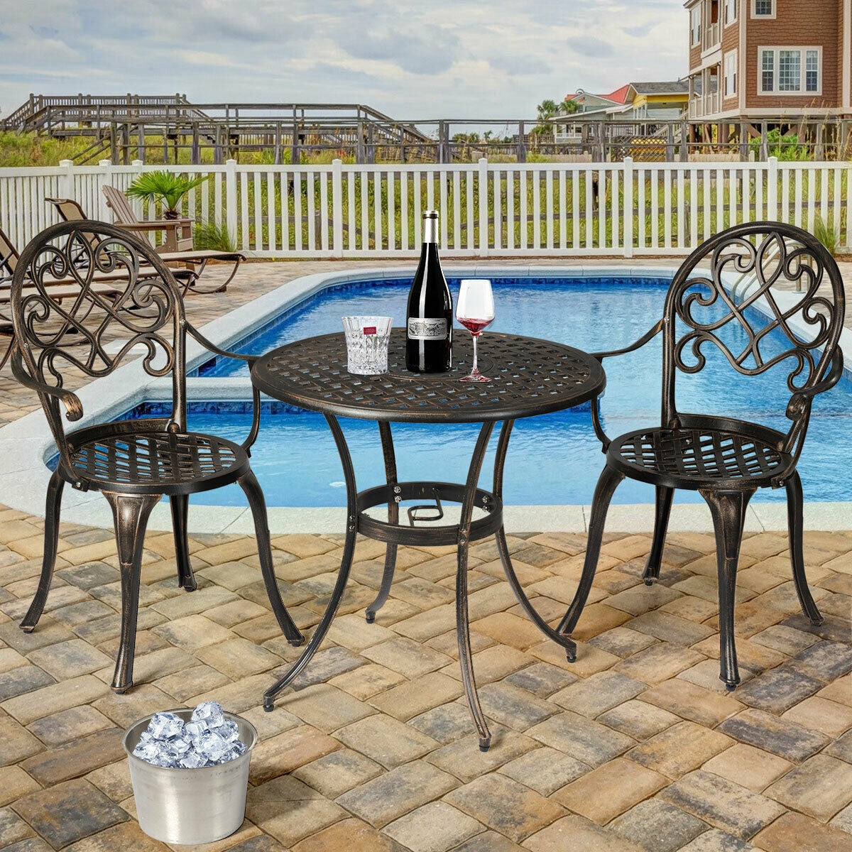 3 Pieces Outdoor Set Patio Bistro with Attached Removable Ice Bucket, Bronze Patio Conversation Sets at Gallery Canada