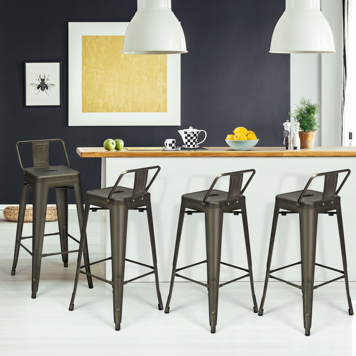 30 Inch Set of 4 Metal Counter Height Barstools with Low Back and Rubber Feet, Dark Brown Bar Stools at Gallery Canada
