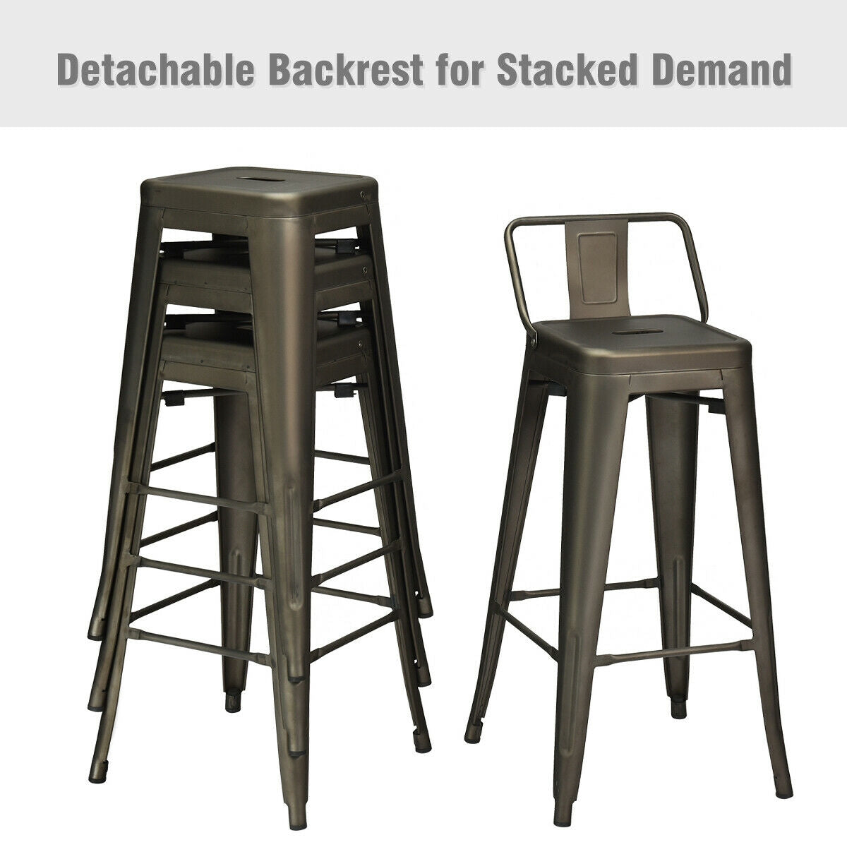 30 Inch Set of 4 Metal Counter Height Barstools with Low Back and Rubber Feet, Dark Brown Bar Stools at Gallery Canada