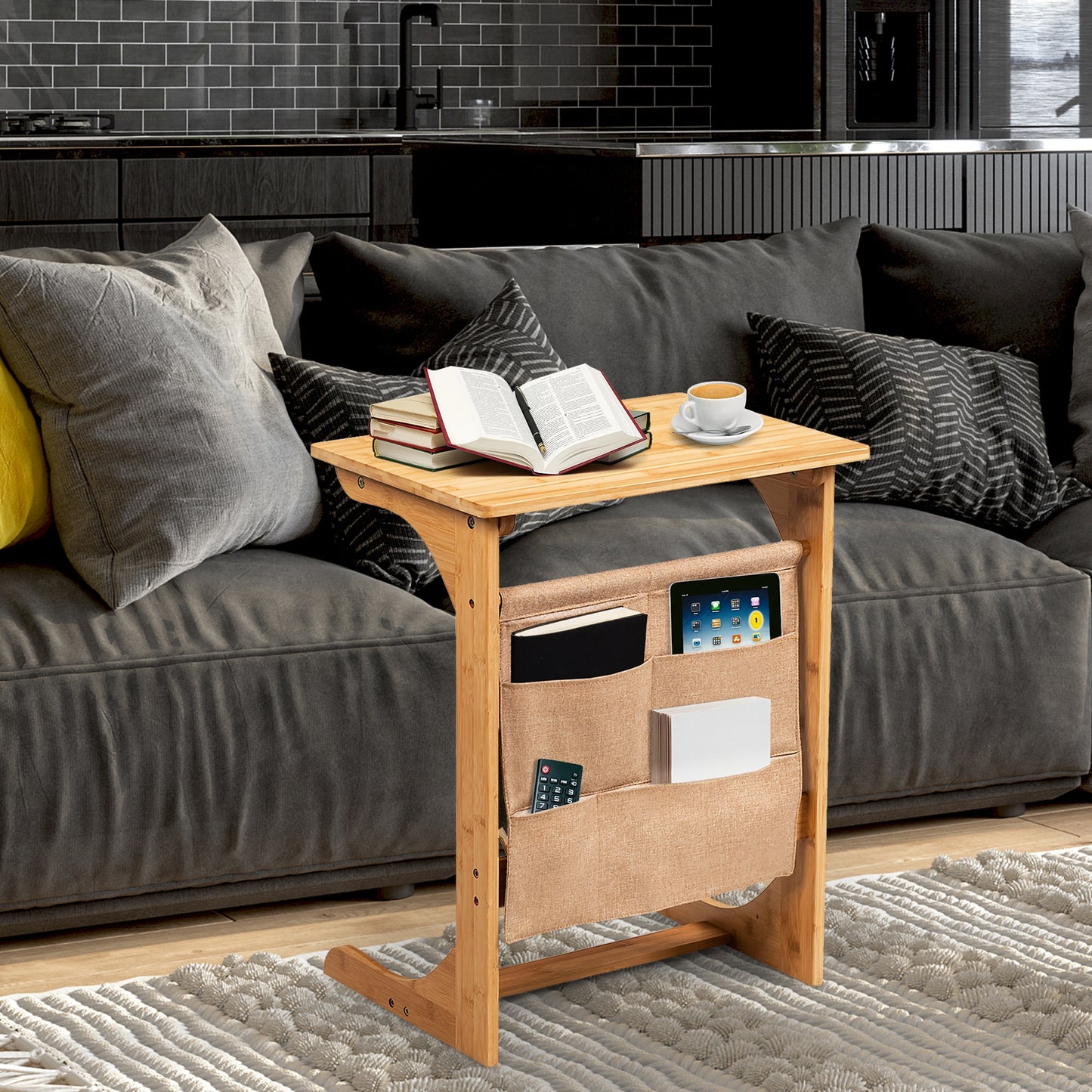 Bamboo Sofa Table End Table Bedside Table with Storage Bag, Natural End & Side Tables at Gallery Canada