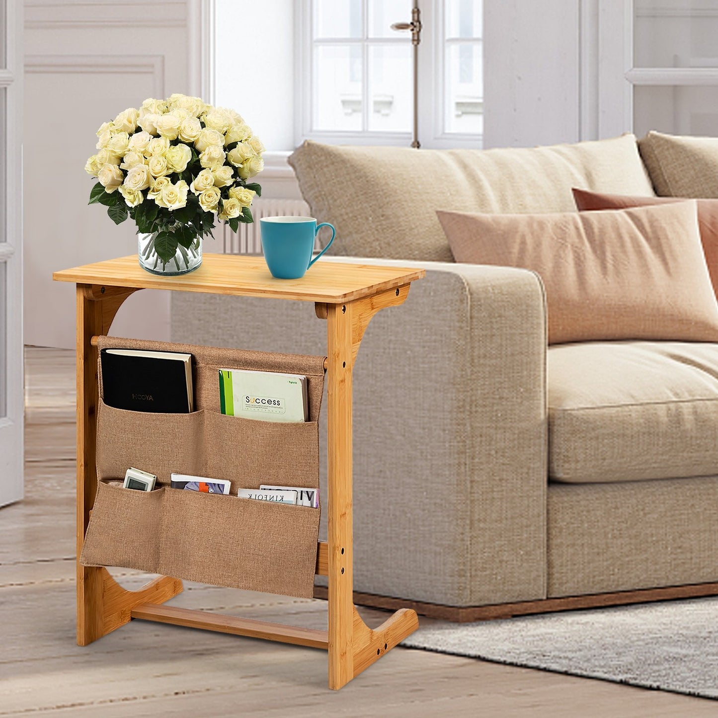 Bamboo Sofa Table End Table Bedside Table with Storage Bag, Natural End & Side Tables at Gallery Canada