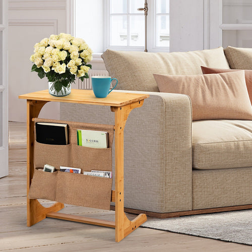 Bamboo Sofa Table End Table Bedside Table with Storage Bag, Natural