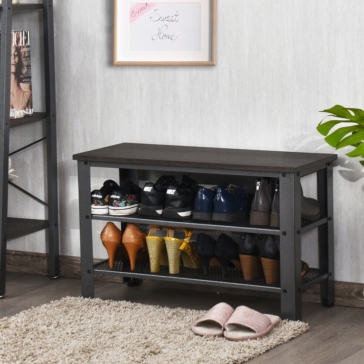 Banc industriel à étagères à chaussures à 3 niveaux, Noir