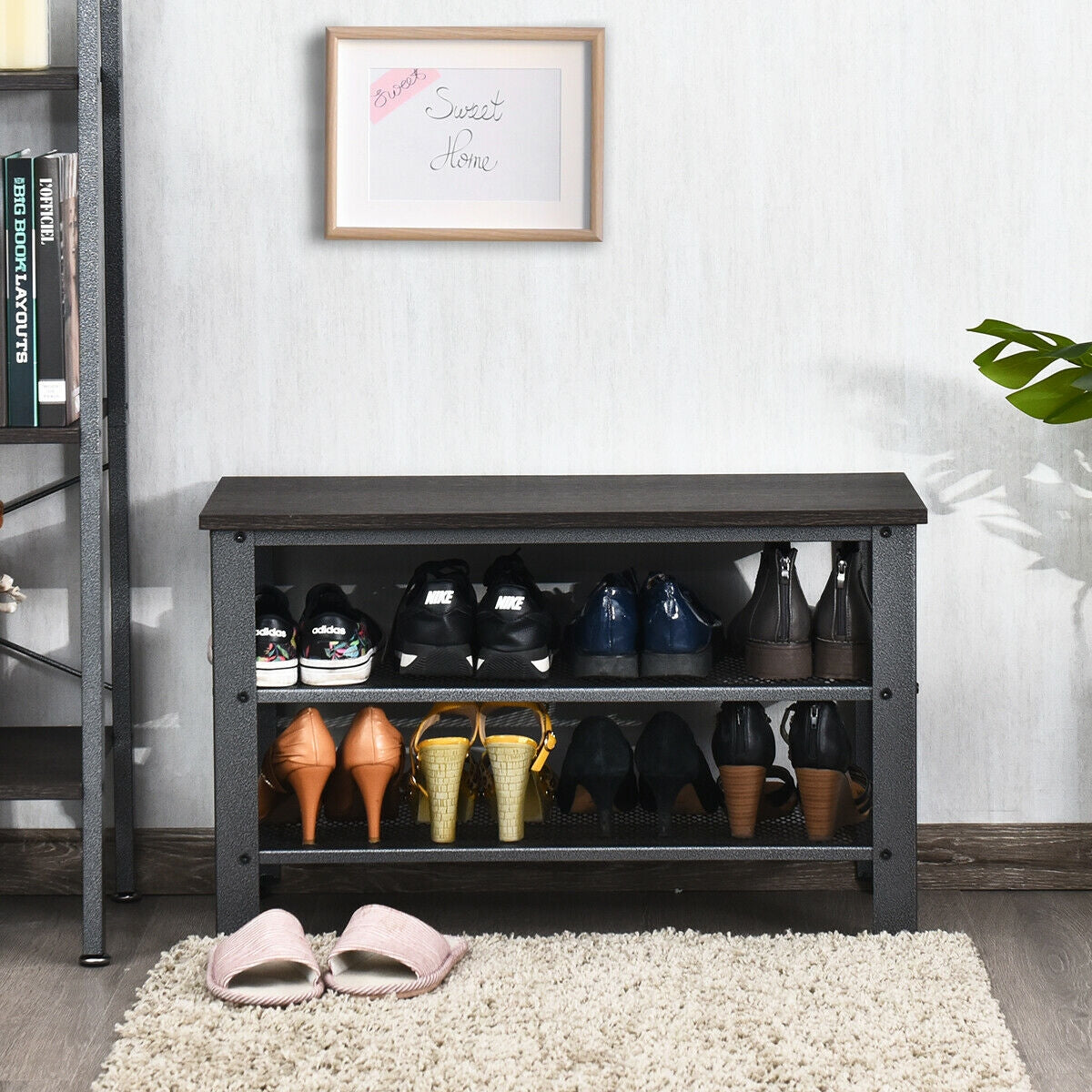 Banc industriel à étagères à chaussures à 3 niveaux, Noir