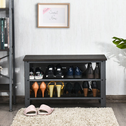 Banc industriel à étagères à chaussures à 3 niveaux, Noir