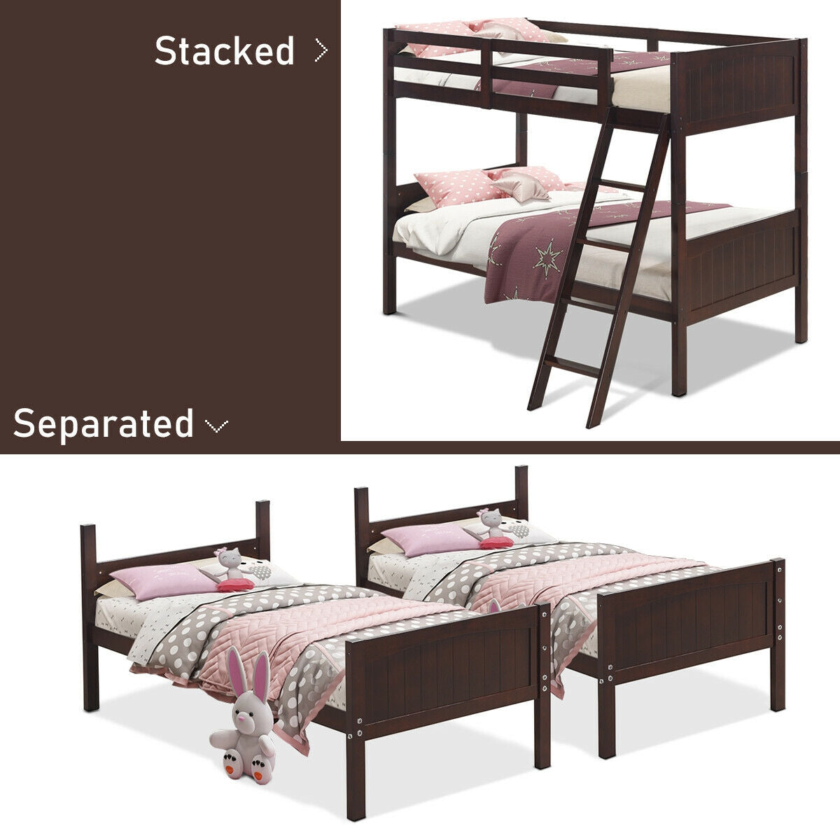 Twin Size Wooden Bunk Beds Convertible 2 Individual Beds, Brown Bunk Bed Frame at Gallery Canada