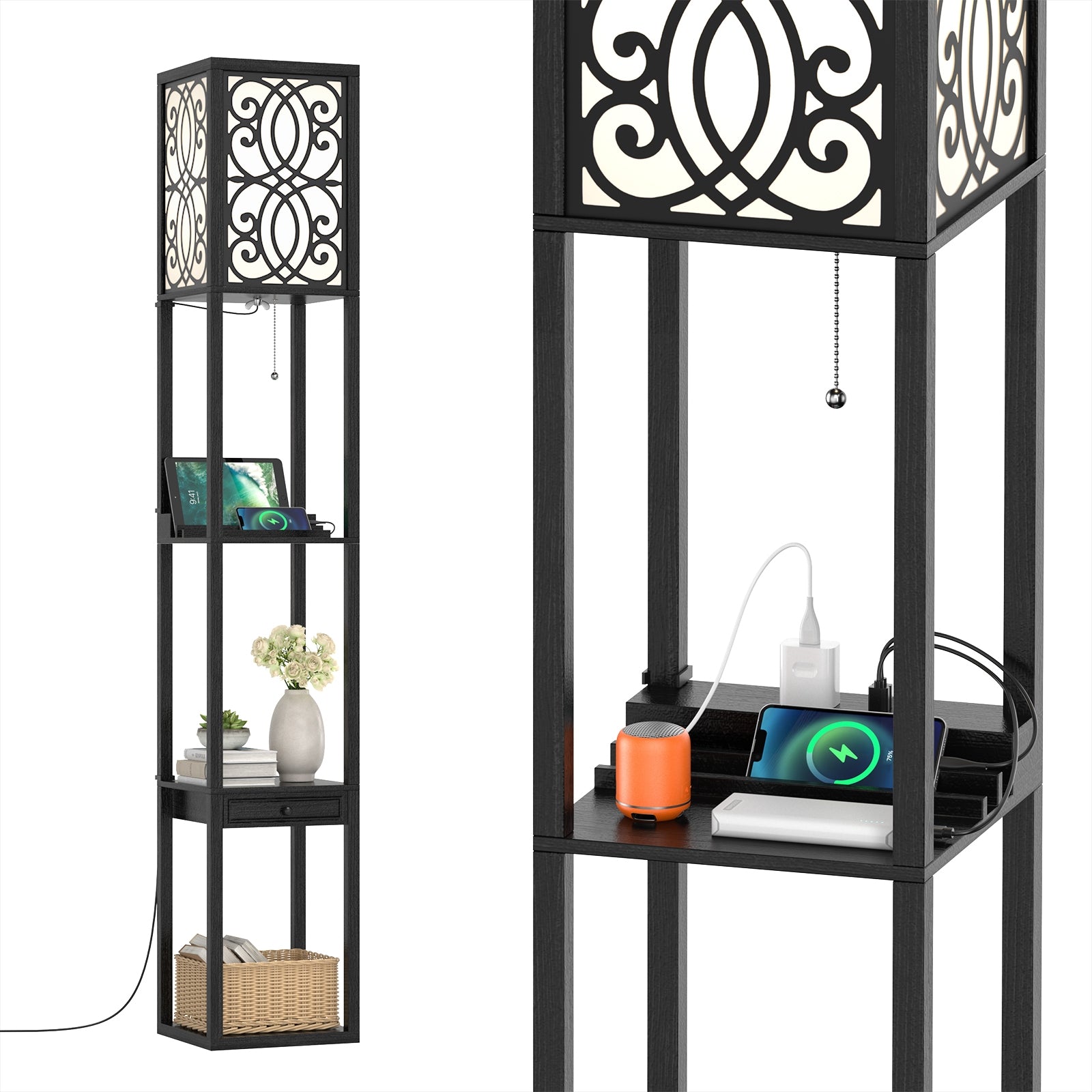 Modern Standing Shelf Lamp with 1 Power Outlet and 2 USB Ports, Black Table & Floor Lamps at Gallery Canada