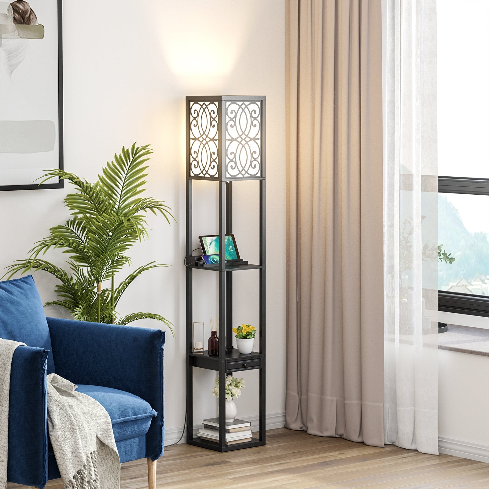 Modern Standing Shelf Lamp with 1 Power Outlet and 2 USB Ports, Black Table & Floor Lamps at Gallery Canada