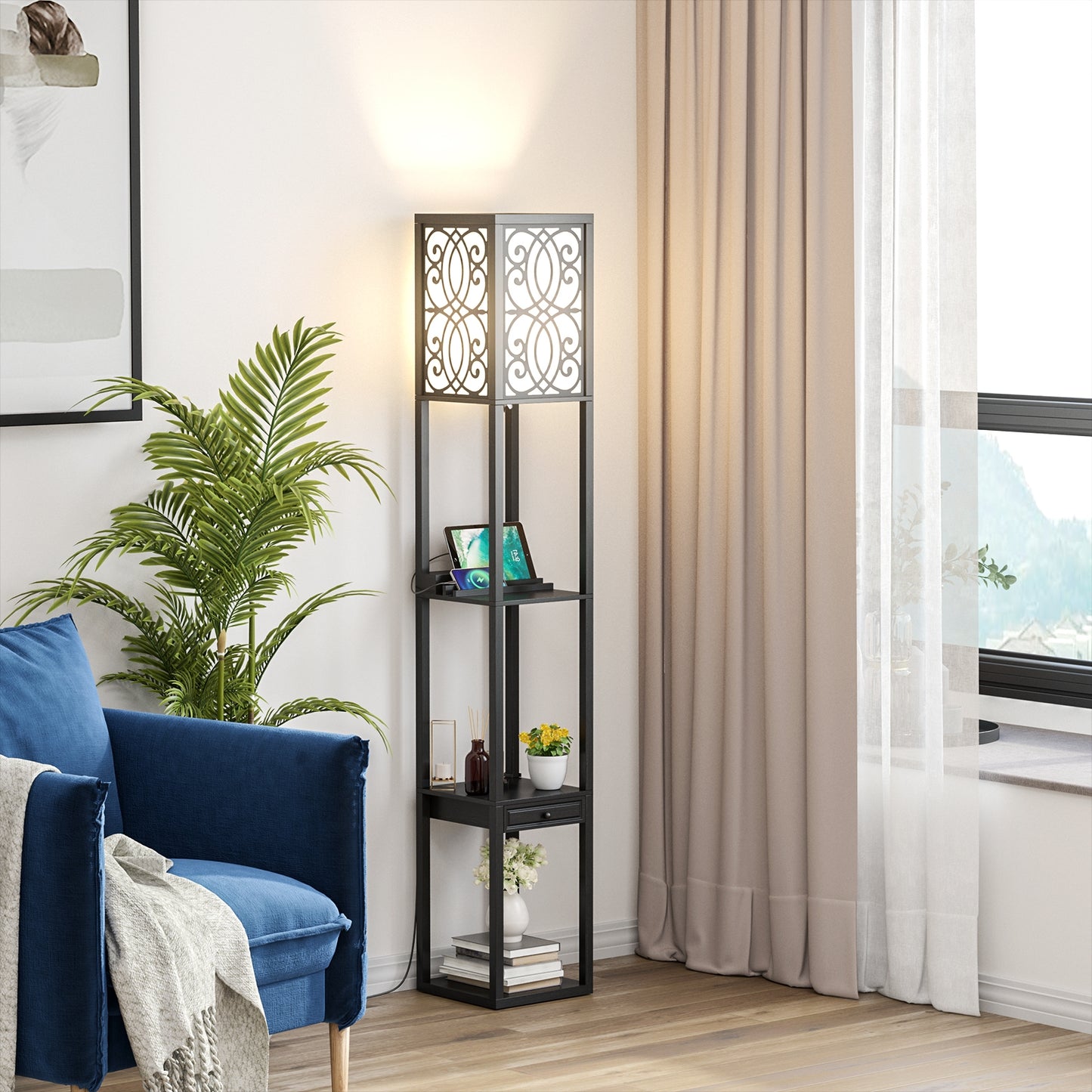 Modern Standing Shelf Lamp with 1 Power Outlet and 2 USB Ports, Black Table & Floor Lamps at Gallery Canada