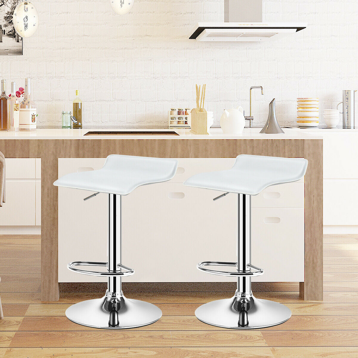 Set of 2 Adjustable PU Leather Backless Bar Stools, White Bar Stools at Gallery Canada