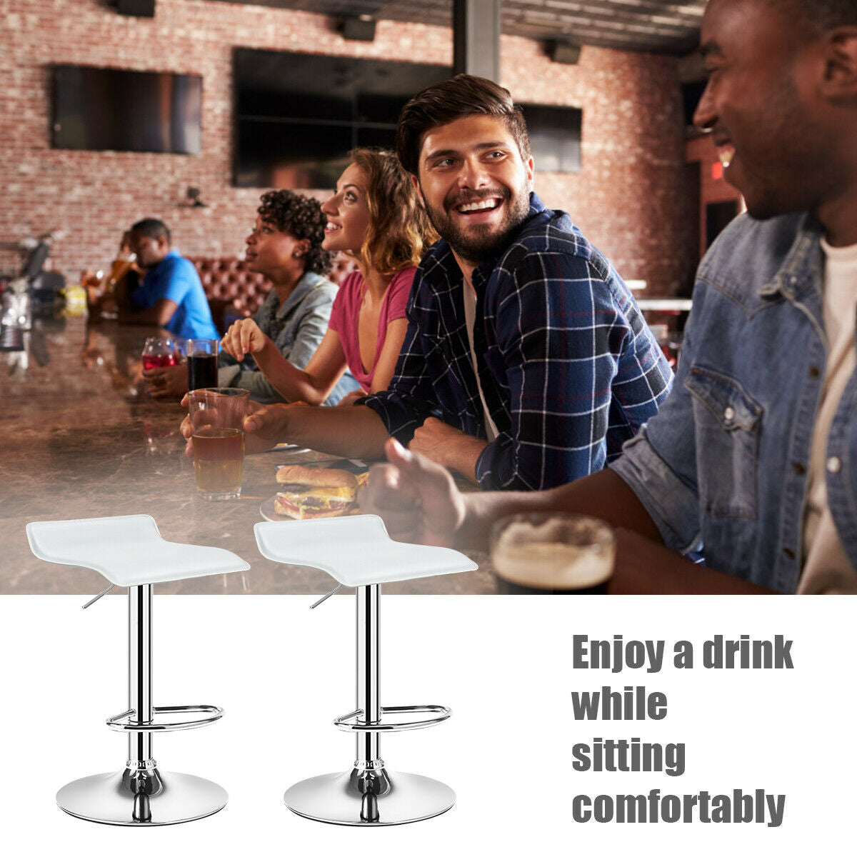 Set of 2 Adjustable PU Leather Backless Bar Stools, White Bar Stools at Gallery Canada