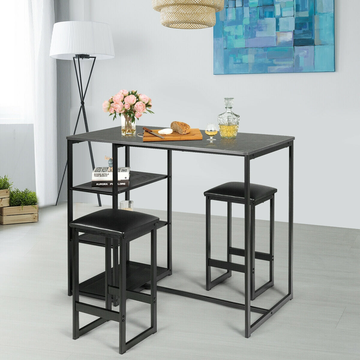 3 pcs Dining Set with Faux Marble Top Table and 2 Stools, Black Dining Room Sets at Gallery Canada