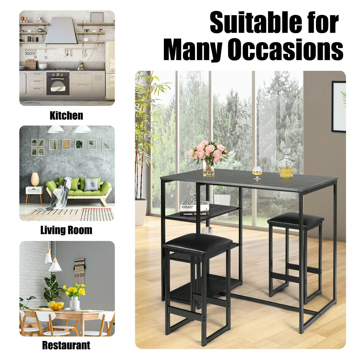 3 pcs Dining Set with Faux Marble Top Table and 2 Stools, Black Dining Room Sets at Gallery Canada