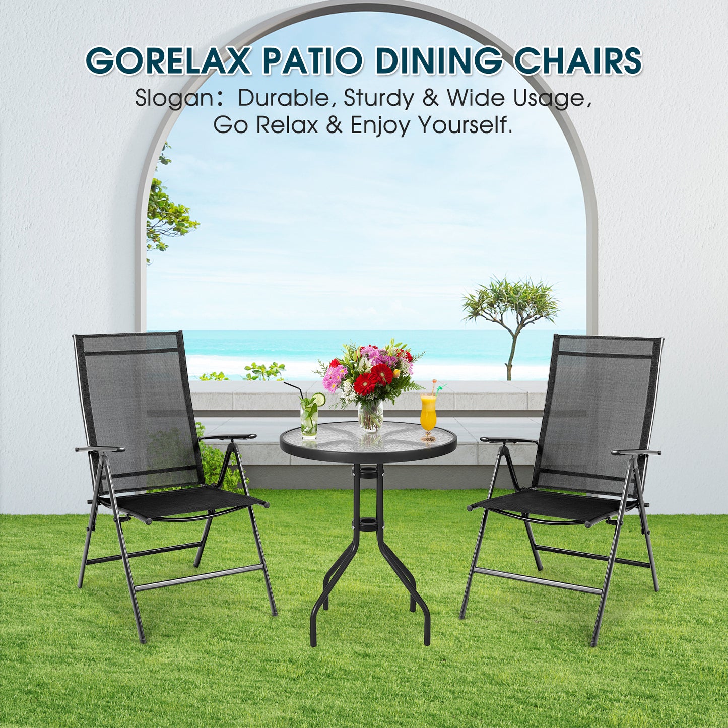 Set of 2 Adjustable Portable Patio Folding Dining Chair Recliners, Black Patio Dining Chairs at Gallery Canada