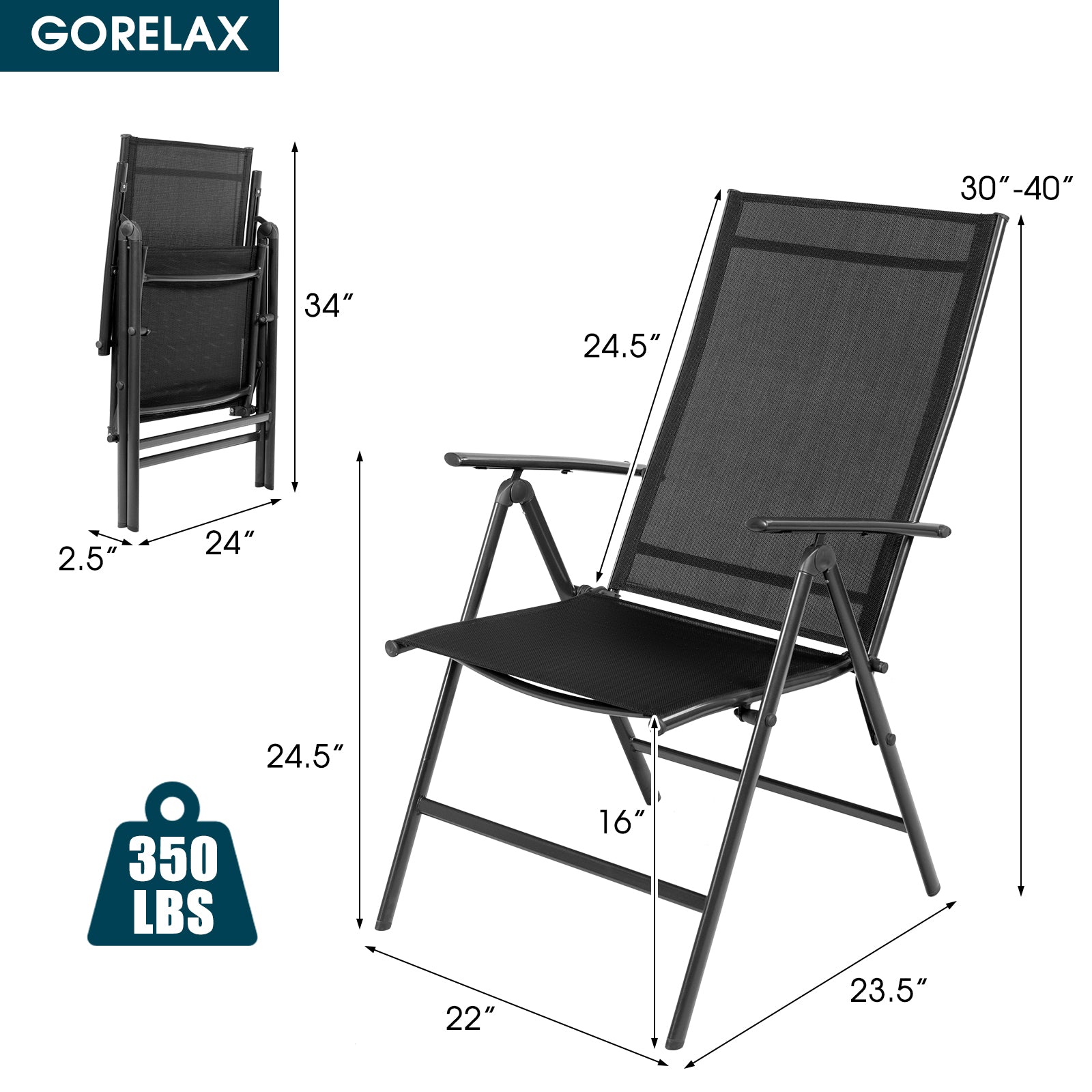 Set of 2 Adjustable Portable Patio Folding Dining Chair Recliners, Black Patio Dining Chairs at Gallery Canada