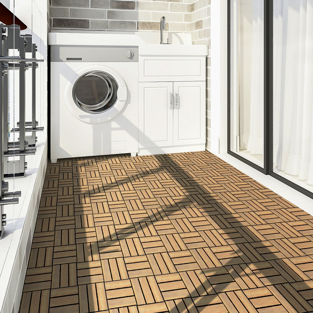 10 Pieces 12 x 12 Inch Acacia Wood Interlocking Check Deck Tiles, Brown Decorative Fencing & Flooring at Gallery Canada