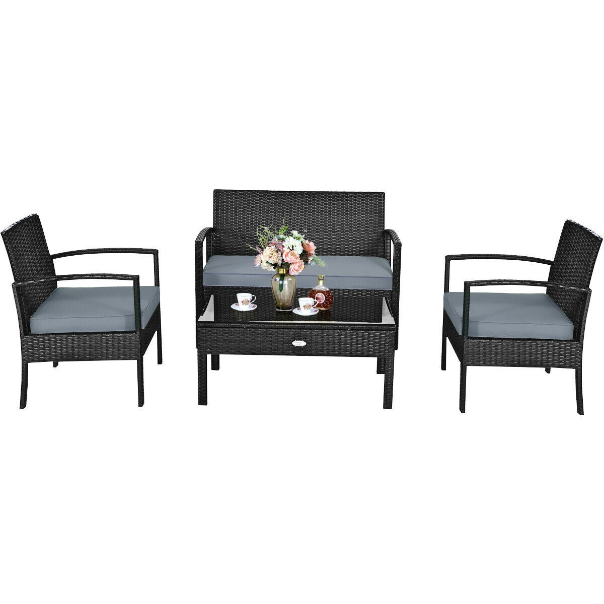 4 Pieces Patio Rattan Cushioned Furniture Set, Gray Patio Conversation Sets at Gallery Canada