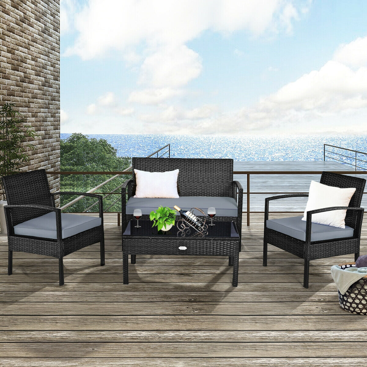 4 Pieces Patio Rattan Cushioned Furniture Set, Gray Patio Conversation Sets at Gallery Canada