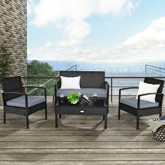 4 Pieces Patio Rattan Cushioned Furniture Set, Gray Patio Conversation Sets Black at Gallery Canada