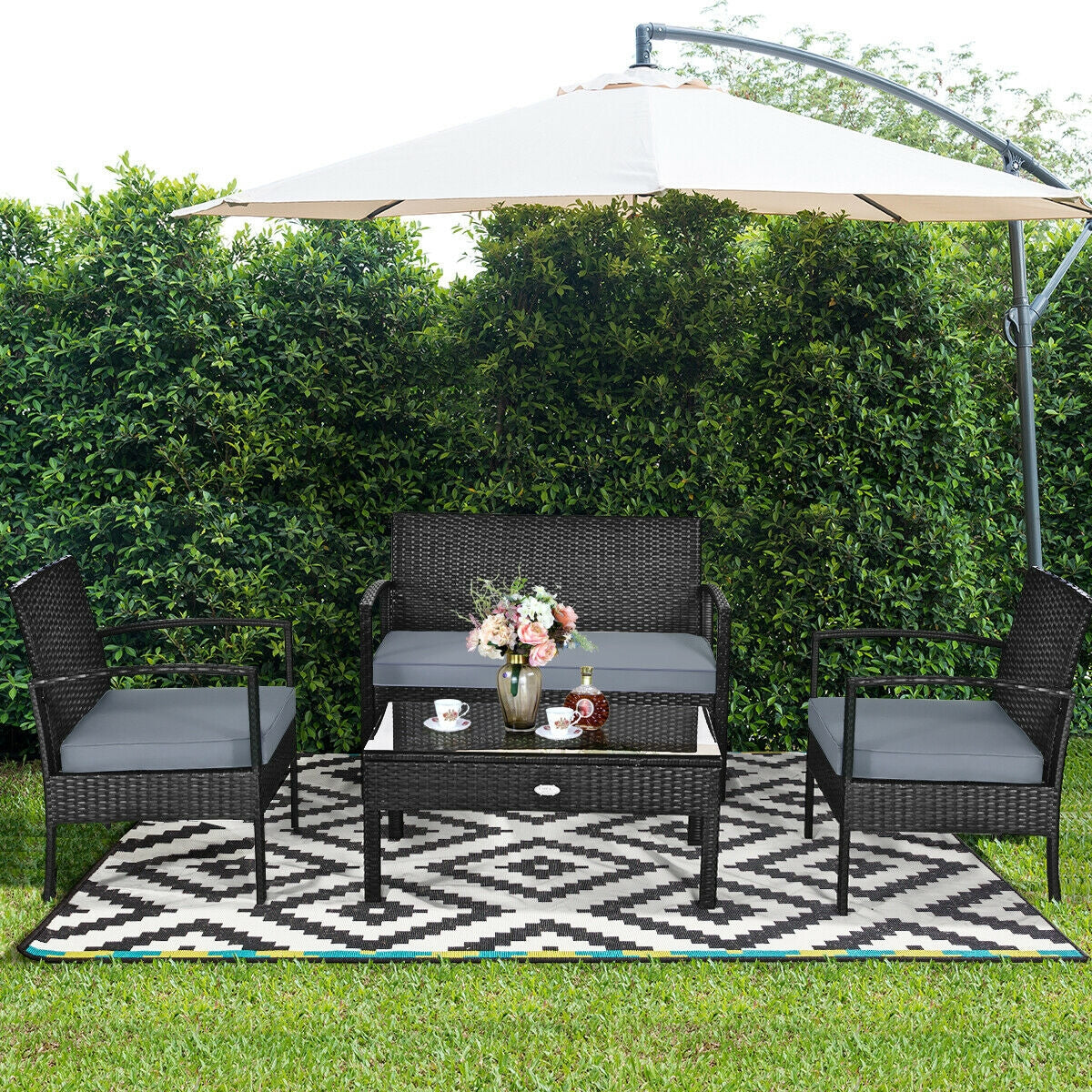 4 Pieces Patio Rattan Cushioned Furniture Set, Gray Patio Conversation Sets at Gallery Canada