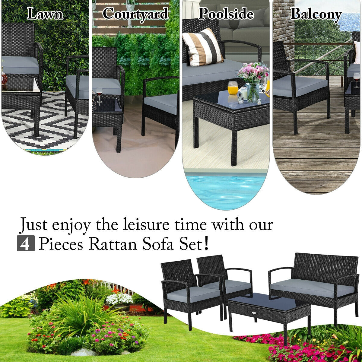 4 Pieces Patio Rattan Cushioned Furniture Set, Gray Patio Conversation Sets at Gallery Canada