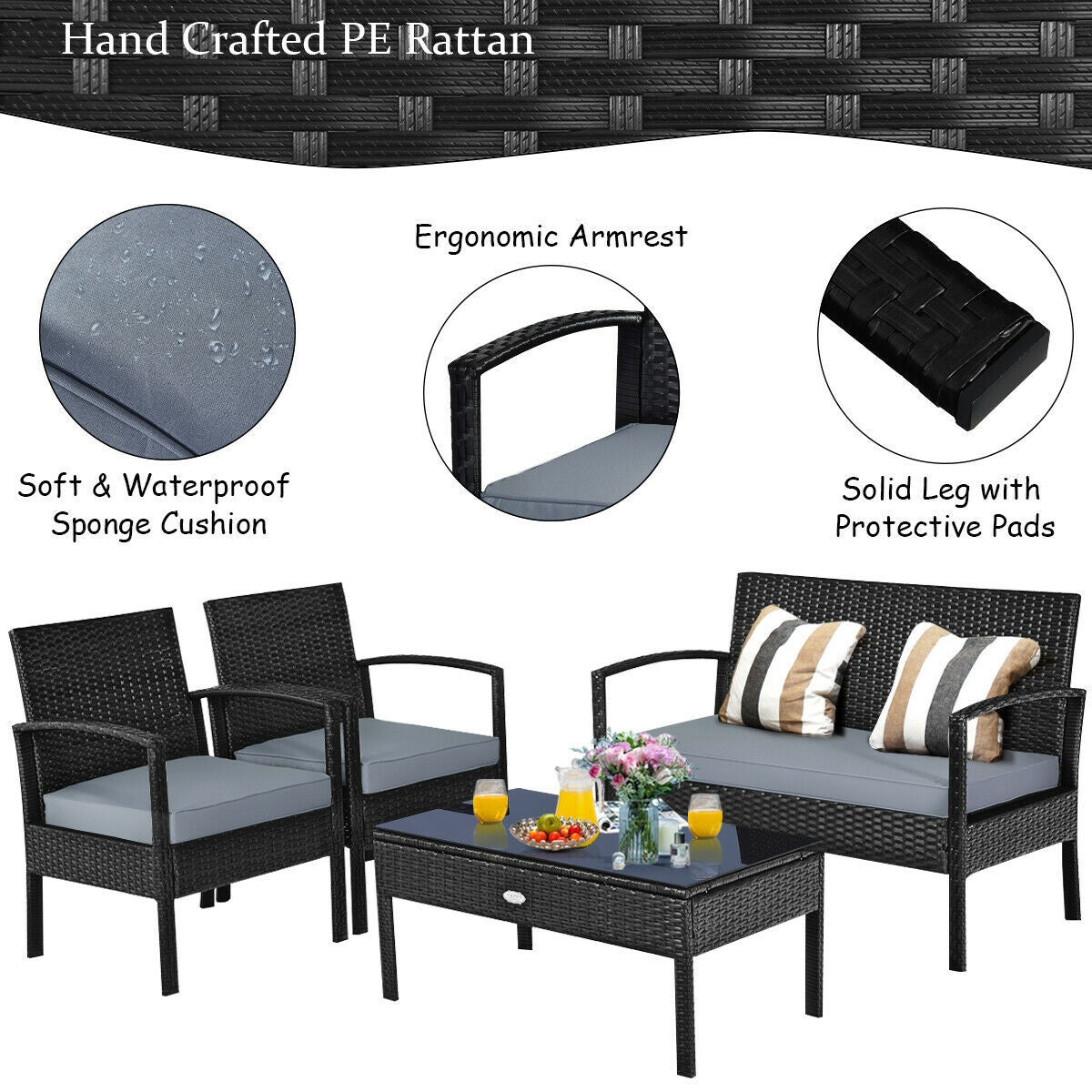 4 Pieces Patio Rattan Cushioned Furniture Set, Gray Patio Conversation Sets at Gallery Canada