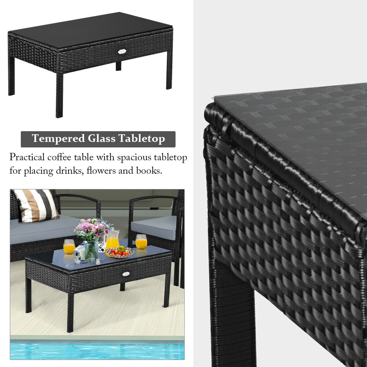 4 Pieces Patio Rattan Cushioned Furniture Set, Gray Patio Conversation Sets at Gallery Canada