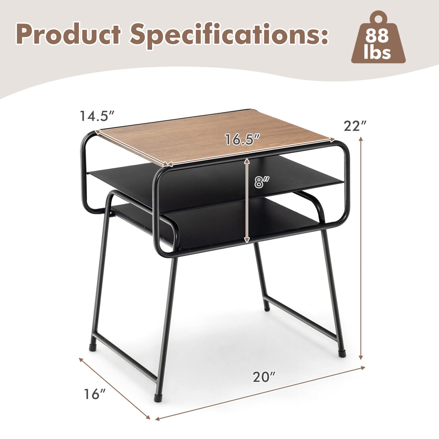 3-Tier Compact Side Table With Storage Shelf