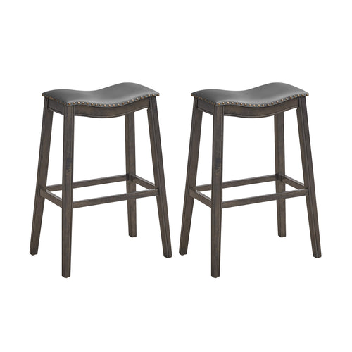 29 Inch Set of 2 Backless Wood Nailhead Barstools with PVC Leather Seat, Gray