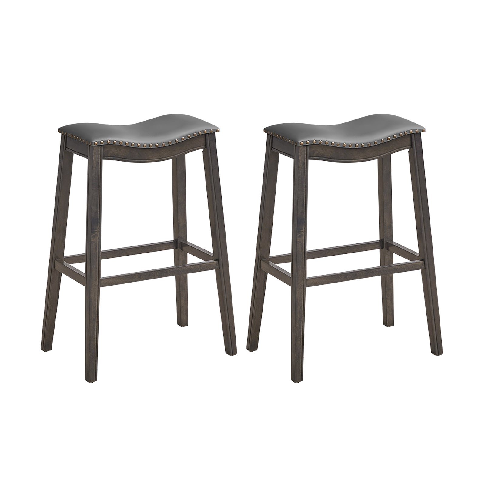 29 Inch Set of 2 Backless Wood Nailhead Barstools with PVC Leather Seat, Gray Bar Stools at Gallery Canada