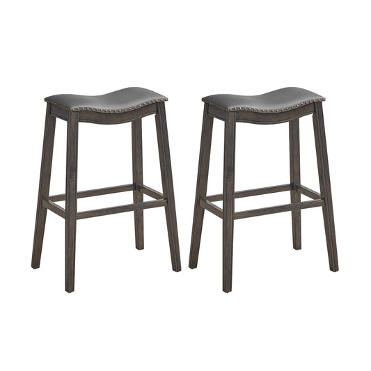 Set of 2 Backless Wood Barstools, 29 Inch, PVC Leather Seat, Gray