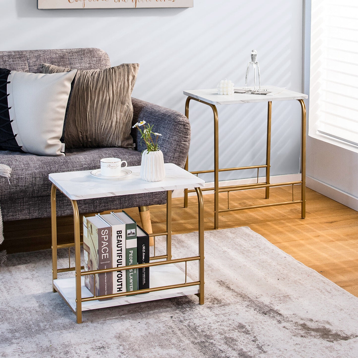 Faux Marble Nesting Tables, 2-Piece Set, White