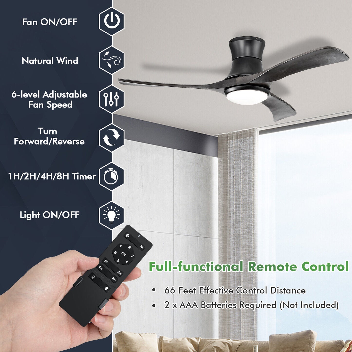 52 Inch Flush Mount Ceiling Fan with LED Light, Black