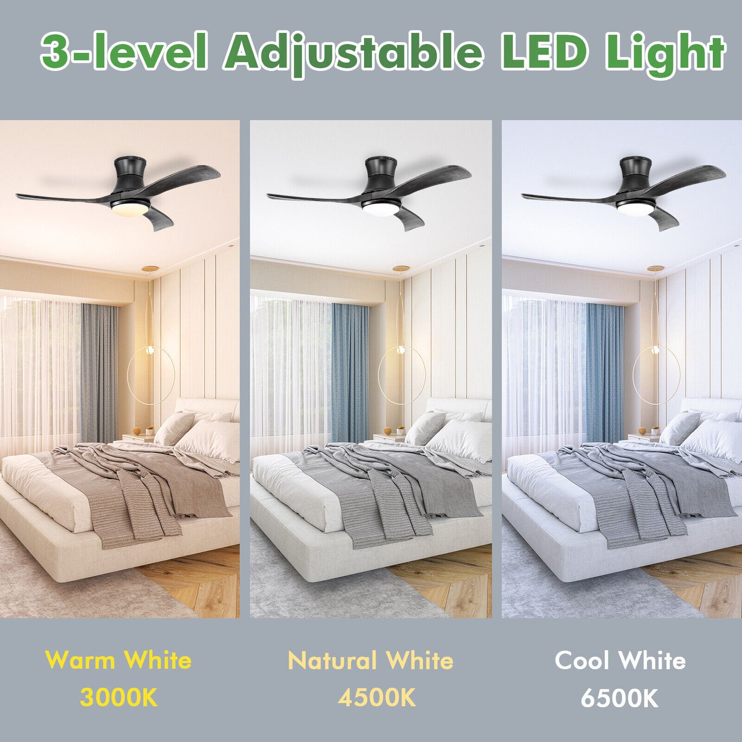 52 Inch Flush Mount Ceiling Fan with LED Light, Black