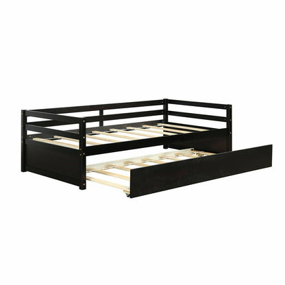 Twin Size Trundle Platform Bed Frame, Wooden Slat Support, Dark Brown