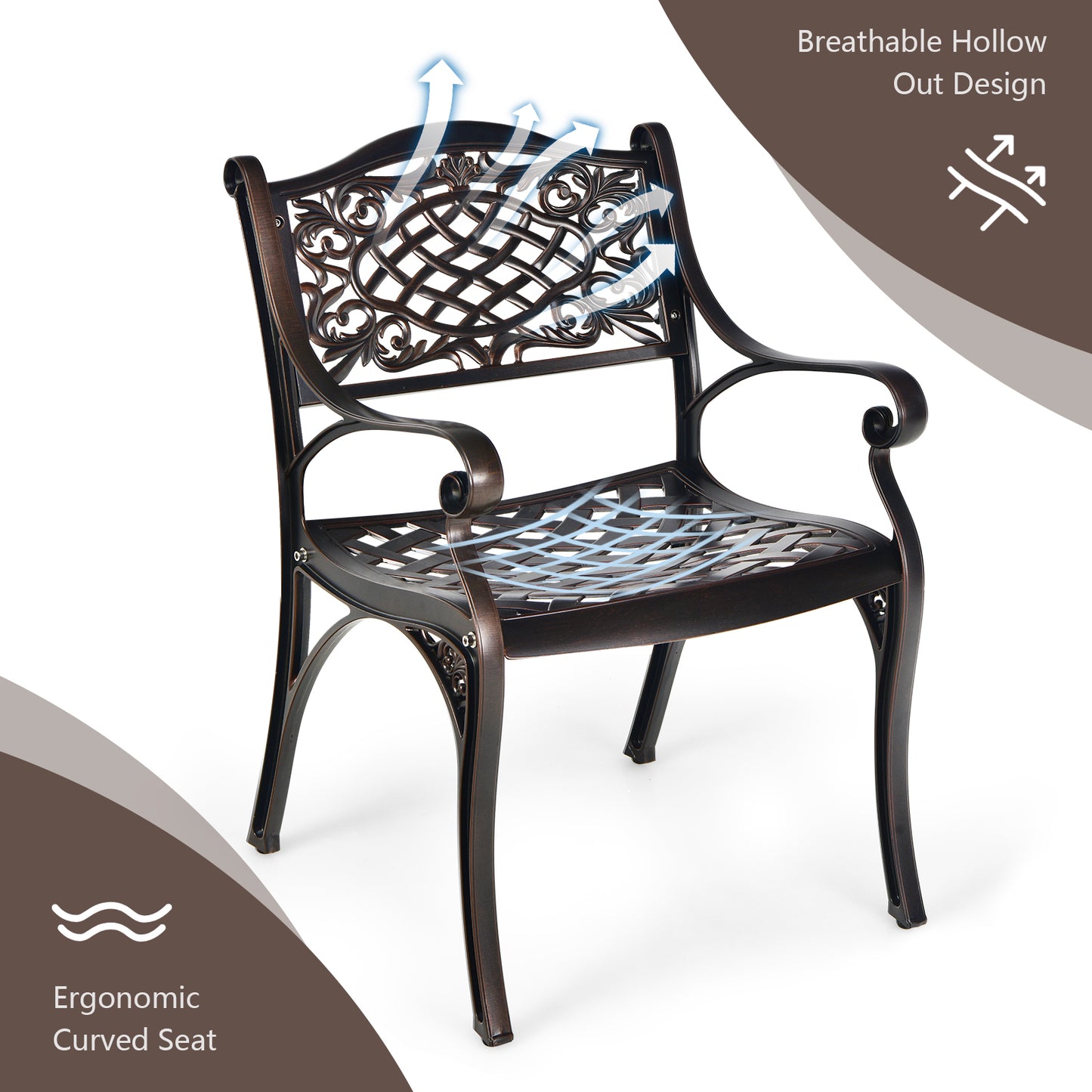 2-Piece Outdoor Cast Aluminum Chairs, With Armrests And Curved Seats, Copper Patio Dining Chairs at Gallery Canada
