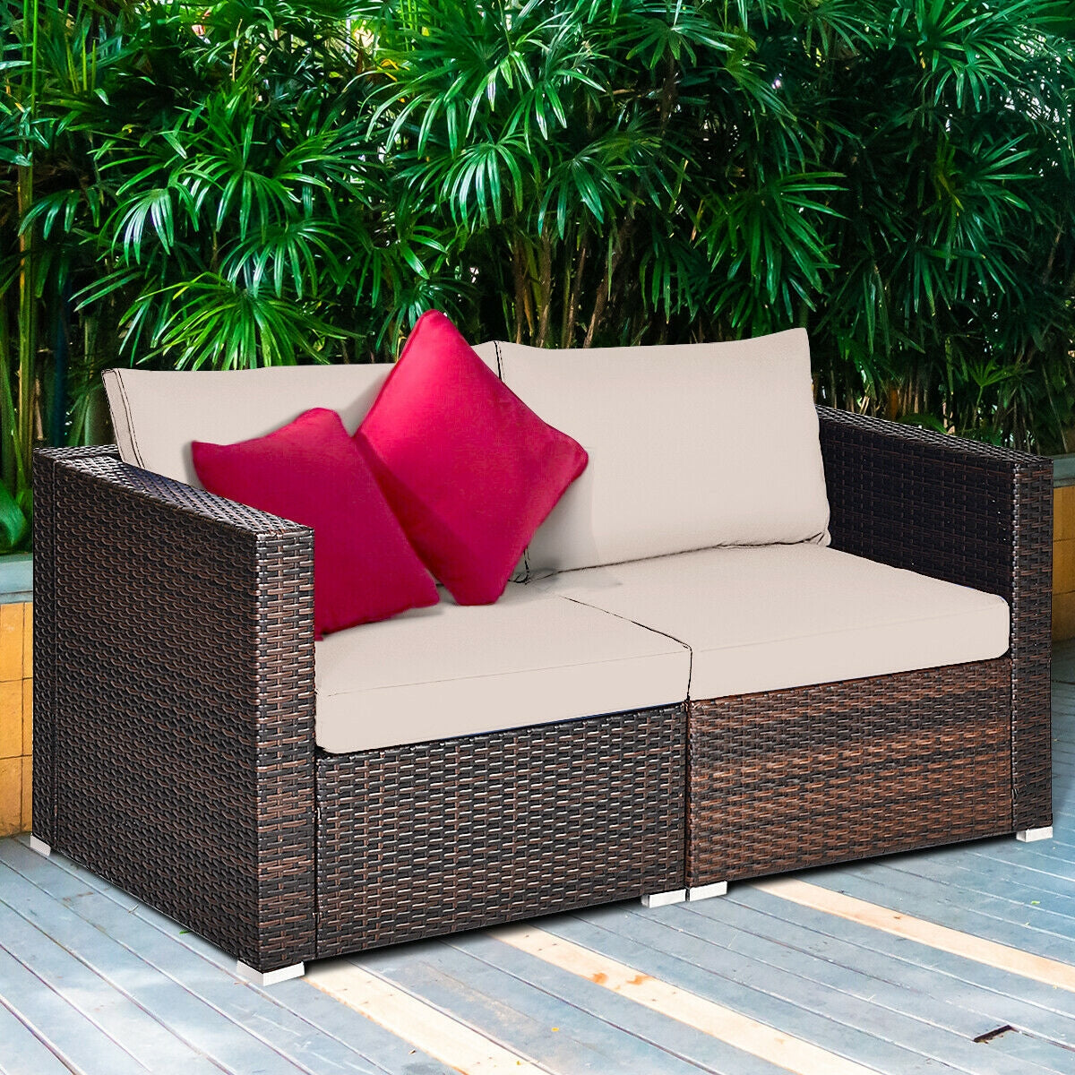 2 Pieces Patio Rattan Sectional Conversation Sofa Set, Beige Outdoor Sectionals at Gallery Canada