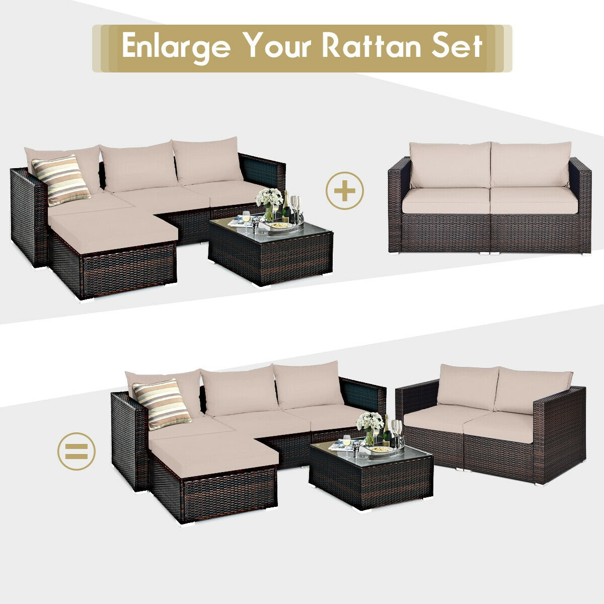 2 Pieces Patio Rattan Sectional Conversation Sofa Set, Beige Outdoor Sectionals at Gallery Canada