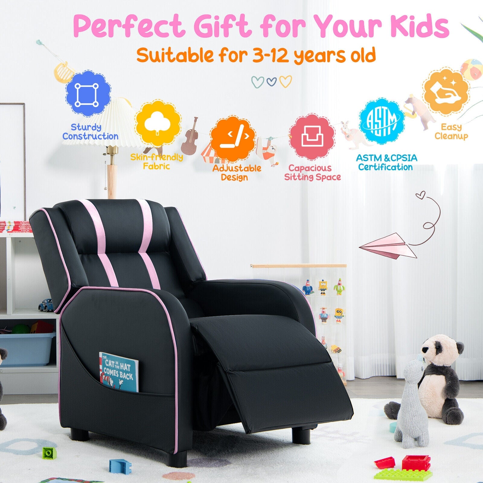 Kids Recliner Chair with Side Pockets and Footrest, Pink Kids Chairs & Seating at Gallery Canada